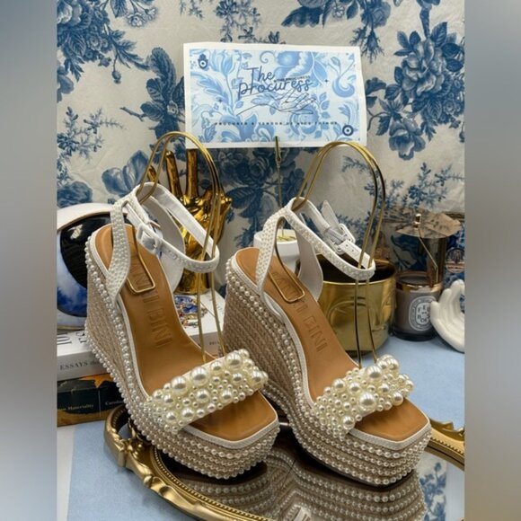 🆕 GIANNI BINI 🧿 NWOB Savanna Pearl Ornamented Platform Wedge Sandals, Sz 7.5 - Picture 3 of 12